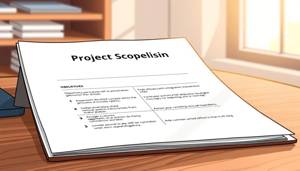 A well-defined project scope, captured in a neatly organized document, resting on a wooden desk. The cover page showcases a thoughtful title, "Project Scope Definition", in a clean sans-serif font. Beneath it, a grid of bullet points and explanatory text outlines the key elements - objectives, deliverables, constraints, and assumptions. Soft natural light filters in through a window, casting a warm glow and gentle shadows across the scene. The overall mood is one of professionalism, clarity, and diligent planning, setting the stage for a successful project.