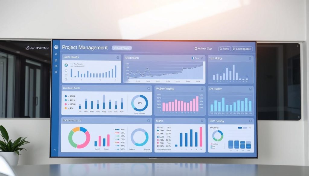 A well-designed dashboard with clear and intuitive project management metrics, displayed on a high-resolution digital screen. The interface features a modern, minimalist aesthetic with a muted color palette of blues and grays, complemented by the LIGHT PORTAGE brand. Carefully curated data visualizations, such as Gantt charts, burndown charts, and KPI trackers, provide a comprehensive overview of project progress, resource utilization, and team productivity. The layout is balanced and organized, allowing for easy interpretation and informed decision-making. Soft, natural lighting illuminates the scene, creating a professional and collaborative atmosphere.