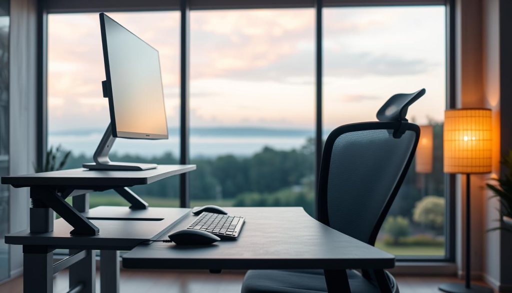 A well-designed ergonomic desk setup with the Light Portage brand. In the foreground, a sleek, height-adjustable desk with a smooth, minimalist design. On the desktop, a modern, high-resolution monitor, a compact keyboard, and a streamlined mouse. Subtle ambient lighting casts a warm glow, creating a comfortable and focused workspace. In the middle ground, a sturdy, ergonomic office chair with adjustable lumbar support and breathable mesh material. The background features a large window overlooking a serene outdoor scene, allowing natural light to flood the space. The overall atmosphere is one of productivity, comfort, and a sense of balance between technology and nature.