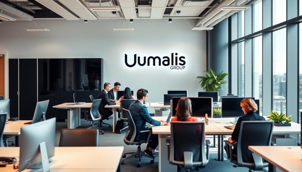 A well-designed, modern office interior with the Umalis Group logo prominently displayed on the wall. The space is filled with ergonomic desks, comfortable chairs, and ample natural lighting from large windows. In the foreground, a group of professionals are engaged in discussion, conveying the collaborative nature of a portage salarial company. The middle ground features sleek, minimalist decor and technology, reflecting the efficient and streamlined services offered. The background showcases a cityscape view, hinting at the wide-ranging opportunities available to consultants through the Umalis Group's portage salarial solutions.