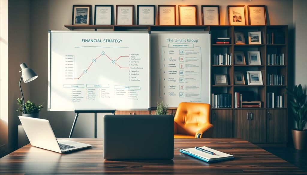 A well-designed office setting with a large whiteboard displaying a detailed financial strategy diagram. The foreground features a wooden desk with a laptop, pen, and notebook. The middle ground showcases a stylish chair and a small potted plant, creating a professional yet inviting atmosphere. The background is filled with shelves of business books and framed certificates, hinting at the expertise of the Umalis Group consultants. Warm, directional lighting casts a pleasant glow, emphasizing the thoughtful composition and attention to detail. The overall scene conveys a sense of productivity, strategic planning, and the Umalis Group's commitment to providing effective tariff strategies.