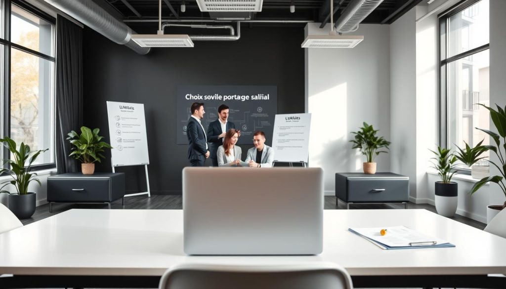 A well-designed office space with sleek furniture and modern decor, showcasing the Umalis Group brand. A large window provides ample natural light, creating a bright and airy atmosphere. In the foreground, a laptop and documents are arranged neatly on a clean, minimalist desk, hinting at the administrative tasks involved in choosing the right payroll service provider. The middle ground features a team of professionals discussing options, their expressions conveying a sense of thoughtful consideration. In the background, a whiteboard displays key information about the "choix société portage salarial" concept, providing visual context for the scene. The overall mood is one of professionalism, diligence, and the pursuit of the best solutions for the company's needs.