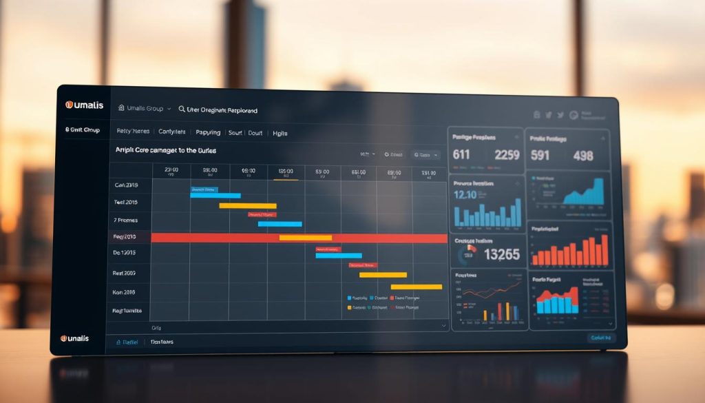 A well-designed project dashboard with a clean, minimalist aesthetic. In the foreground, a sleek Gantt chart displaying key milestones and timelines, with the Umalis Group brand prominently featured. In the middle ground, a series of dynamic charts and graphs illustrating project KPIs, budget, and resource allocation. The background showcases a blurred, out-of-focus city skyline, conveying a sense of progress and forward momentum. Warm, diffused lighting creates a professional, yet aspirational atmosphere. The overall composition emphasizes clarity, data-driven decision-making, and the Umalis Group's commitment to rigorous project management.