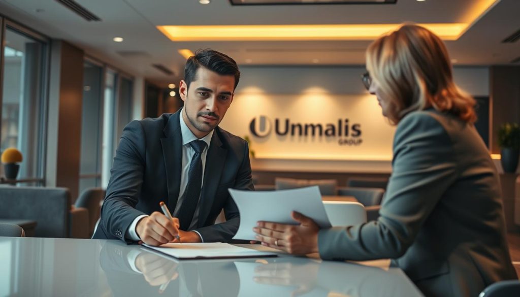 A well-dressed business professional negotiating a contract with a client in a modern, minimalist office setting. The lighting is warm and directional, creating a focused, serious atmosphere. The consultant's expression is one of confident professionalism as they review documents on a desk, surrounded by the Umalis Group branding. The background features stylish furniture and architectural elements, subtly conveying the consultant's expertise and the client's trust in the Umalis Group's services.