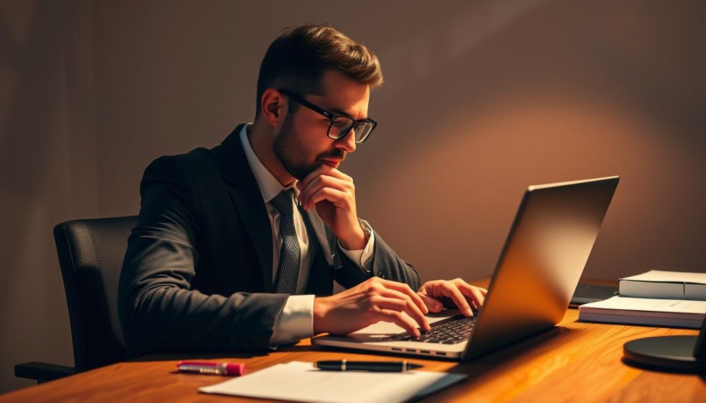 A well-dressed business professional sitting at a desk, intently focused on a laptop screen, deep in thought as they navigate the complexities of a "Umalis Group" work contract and negotiate their freelance terms, including their daily rate (TJM). The scene is bathed in warm, directional lighting that casts subtle shadows, creating a sense of professionalism and concentration. The desktop is neatly organized, with a pen, notepad, and other office supplies nearby, suggesting a methodical, detail-oriented approach to their work. The overall atmosphere conveys the seriousness and importance of the task at hand - securing favorable conditions for their "portage salarial" agreement.