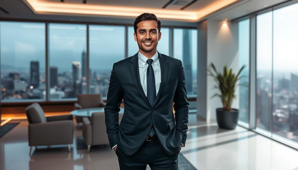 A well-dressed, confident consultant standing in a stylish office, surrounded by a modern, minimalist interior design with clean lines and subtle lighting. The consultant's demeanor exudes professionalism and expertise, conveying the Umalis Group's commitment to delivering exceptional management consulting services. In the background, a large window offers a panoramic view of a bustling city skyline, symbolizing the consultant's ability to navigate complex business environments. The overall atmosphere is one of sophistication, competence, and a dedication to guiding clients towards success.