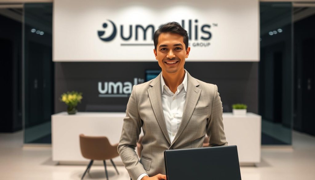 A well-dressed consultant standing confidently in a modern office, briefcase in hand, against a backdrop of Umalis Group's sleek branding. Soft lighting casts a professional glow, the consultant's expression radiating expertise and approachability. The scene conveys the advantages of the consulting career path enabled by Umalis Group's salaried portage model - independence, flexibility, and the opportunity to leverage one's skills for clients. The overall mood is one of success, stability, and the rewarding nature of this specialized consulting role.