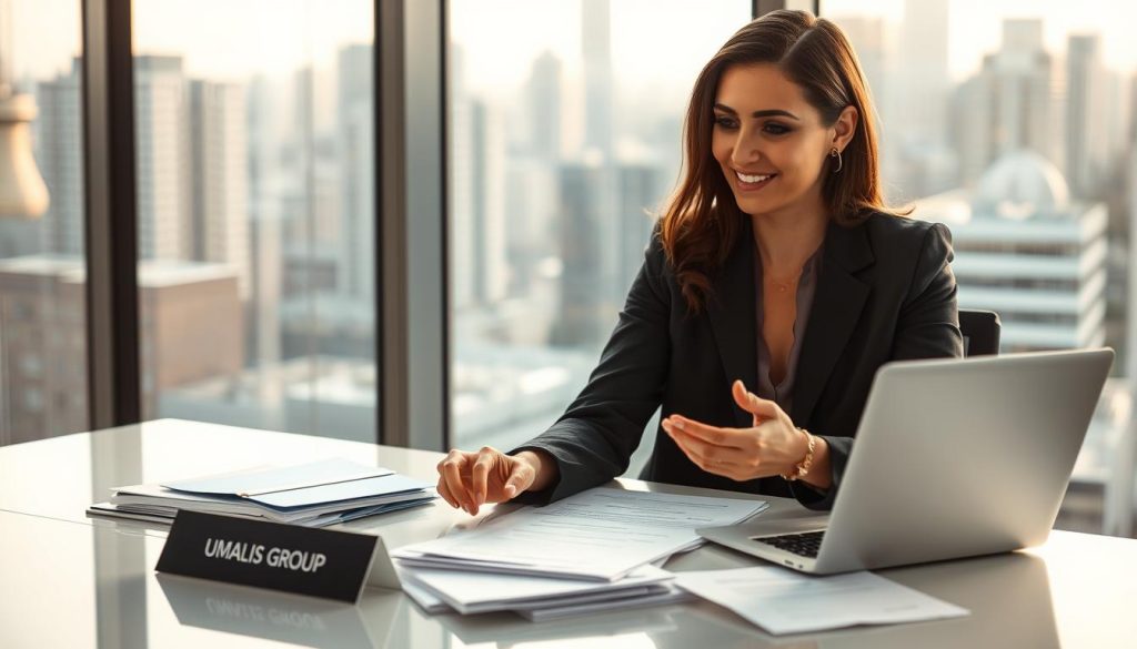 A well-dressed professional, a businesswoman in a smart blazer and blouse, sits at a modern desk filled with documents and a laptop. She is engaged in a focused discussion, highlighting her strategy for finding freelance missions in the portage salarial system. Behind her, a cityscape is visible through large windows, showcasing a bustling urban environment that symbolizes career opportunities. The light is soft and warm, creating a collaborative and optimistic atmosphere. On the desk, a nameplate reads "Umalis Group," subtly reinforcing the professional setting. Use a slight depth of field to keep the focus on the woman while the background remains slightly blurred, suggesting a busy yet supportive professional world. A well-dressed professional, a businesswoman in a smart blazer and blouse, sits at a modern desk filled with documents and a laptop. She is engaged in a focused discussion, highlighting her strategy for finding freelance missions in the portage salarial system. Behind her, a cityscape is visible through large windows, showcasing a bustling urban environment that symbolizes career opportunities. The light is soft and warm, creating a collaborative and optimistic atmosphere. On the desk, a nameplate reads "Umalis Group," subtly reinforcing the professional setting. Use a slight depth of field to keep the focus on the woman while the background remains slightly blurred, suggesting a busy yet supportive professional world.