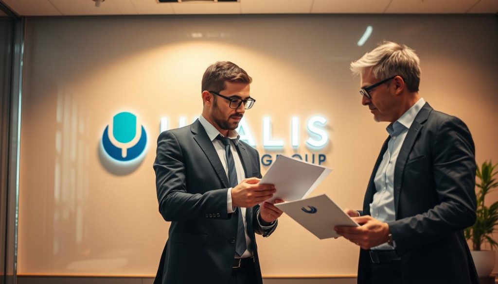 A well-dressed professional consultant standing confidently in a modern office, examining paperwork and discussing social protection options with a client. Warm lighting illuminates the scene, creating a sense of trust and expertise. In the background, the UMALIS GROUP logo is prominently displayed, reflecting the high-quality services offered by this leading portage salarial firm. The consultant's attentive posture and the client's engaged expression convey the importance of comprehensive social protection for freelance workers.