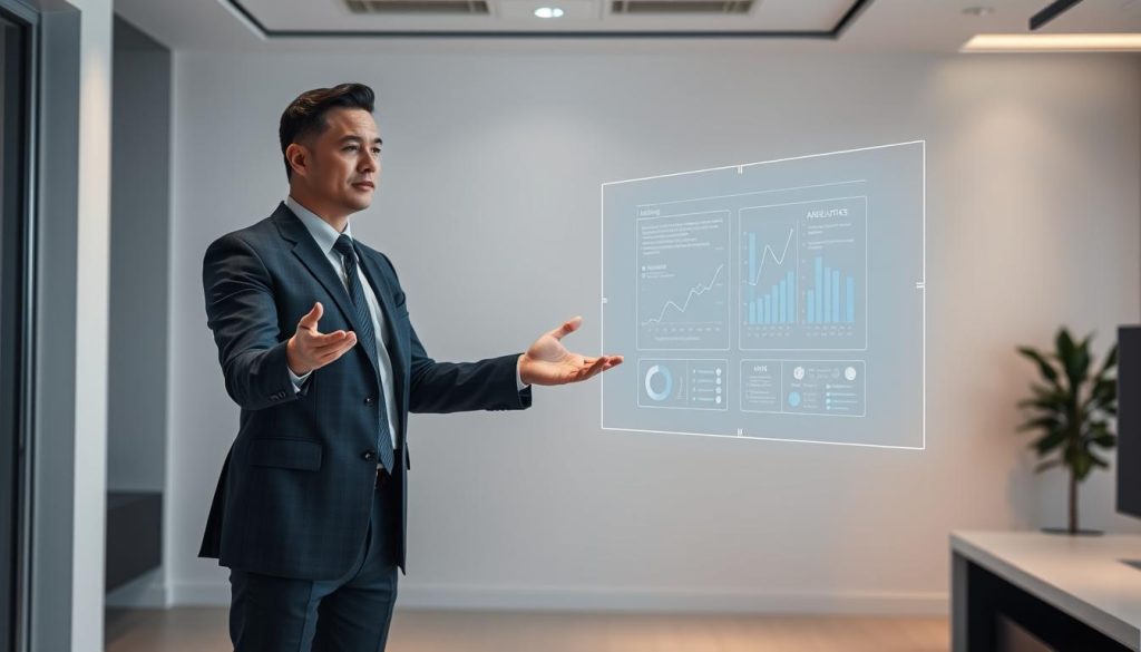 A well-dressed professional consultant standing in a modern office, surrounded by a minimalist and sleek environment. The consultant, with a confident posture, is gesturing towards a holographic display showcasing a detailed analysis and strategy. Soft, directional lighting illuminates the scene, creating depth and highlighting the consultant's expertise. The Umalis Group logo is subtly visible in the background, reinforcing the professional branding. An atmosphere of innovation, problem-solving, and industry-leading guidance permeates the image.