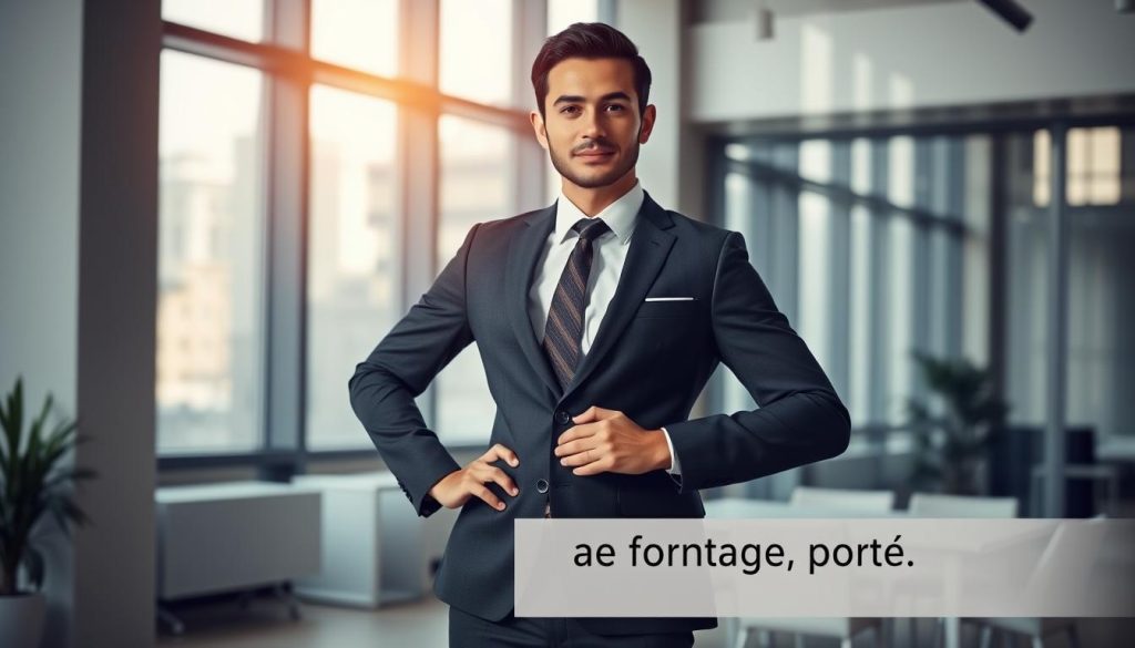 A well-dressed professional employee, part of the Umalis Group, stands confidently in a modern office setting. Soft lighting from large windows casts a warm glow, highlighting their focused expression. The background features clean, minimalist decor, reflecting the employee's dedication to their work. The pose conveys a sense of purpose and empowerment, aligning with the section's title "Droits sociaux et formation du salarié porté". This image aims to visually represent the rights and training of a Umalis Group employee engaged in the practice of "portage salarial".