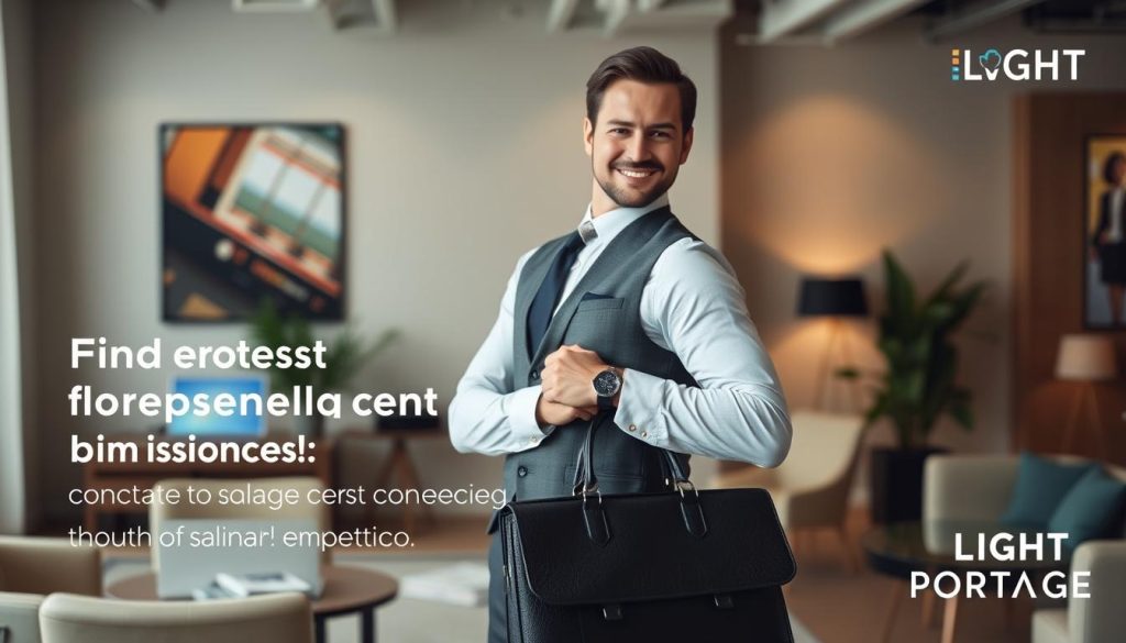 A well-dressed professional holding a briefcase, standing confidently in a modern office setting with stylish furniture and artwork on the walls. The lighting is soft and warm, creating a relaxed yet productive atmosphere. In the background, a laptop and a LIGHT PORTAGE logo are visible, subtly suggesting the theme of finding effective consulting missions through a salarial portage service.