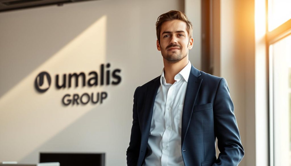 A well-dressed professional in a crisp white shirt and navy suit jacket, standing confidently in a modern office setting. Bright natural light streams in through large windows, casting a warm glow on the scene. The "Umalis Group" logo is prominently displayed on the wall behind the subject, who appears relaxed yet focused, embodying the concept of "salarié porté". The composition emphasizes the subject's upright posture and the orderly, sophisticated environment, conveying a sense of stability and professionalism.