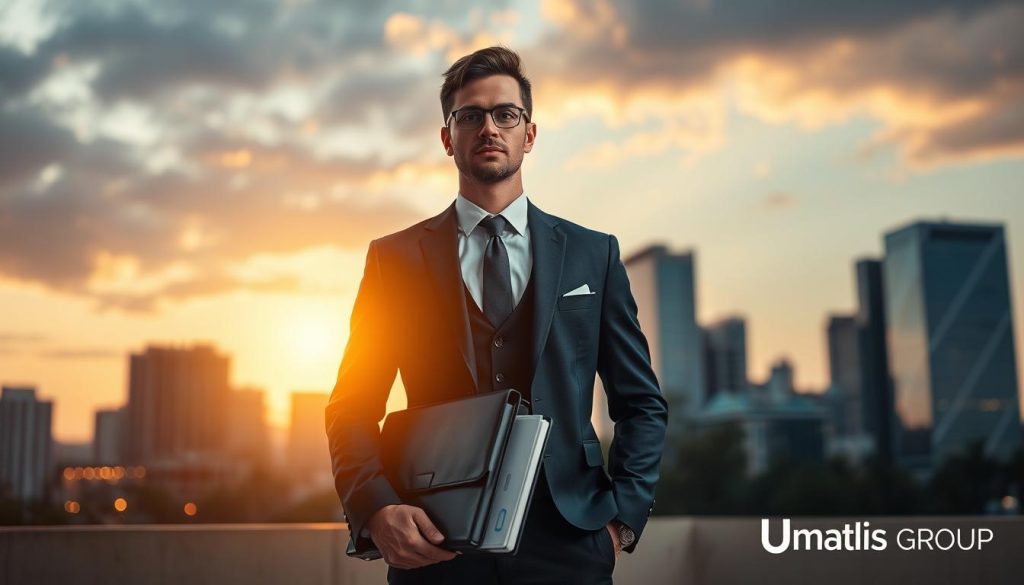 A well-dressed professional independent contractor stands confidently, briefcase in hand, against a backdrop of modern office buildings and city skyline. Warm lighting casts a focused glow, highlighting their poised expression and attentive gaze. In the foreground, subtle visual elements hint at the concept of "optimization" and "remuneration", such as graphs, analytics dashboards, or financial documents. The overall atmosphere conveys a sense of success, control, and strategic career progression. In the bottom right corner, the Umalis Group logo discreetly anchors the scene.