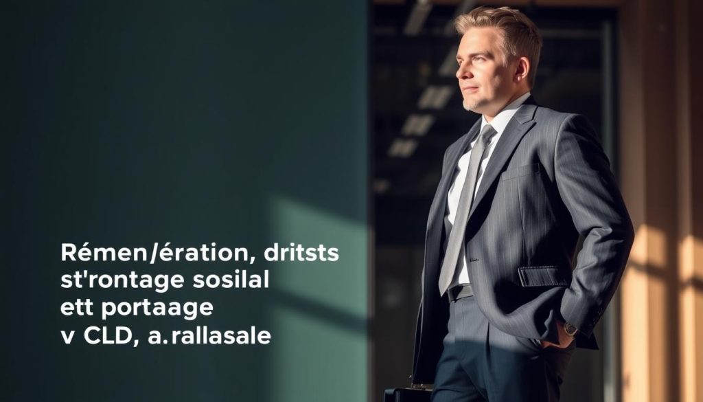 A well-dressed professional standing confidently, carrying a briefcase, against a backdrop of a modern office environment. Soft, directional lighting from the side creates subtle shadows, accentuating the person's confident posture. The scene conveys a sense of professionalism, stability, and the distinct advantages of "salarié porté" (employed under the Umalis Group portage salarial model) compared to a traditional fixed-term contract (CDD). The image should visually illustrate the section title "Rémunération, droits sociaux et compte d'activités en portage salarial vs CDD classique".