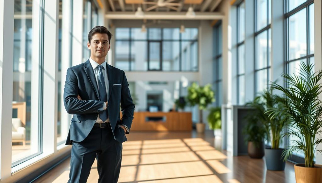 A well-dressed professional standing confidently in a modern office setting, illuminated by natural light streaming through large windows. The person, representing the "Umalis Group" brand, embodies the status and security of a salaried employee, their attire and demeanor projecting a sense of stability and success. The scene conveys a balanced atmosphere of productivity and comfort, reflecting the section's focus on the eligibility, remuneration, and career assurance inherent in the portage salarial model.