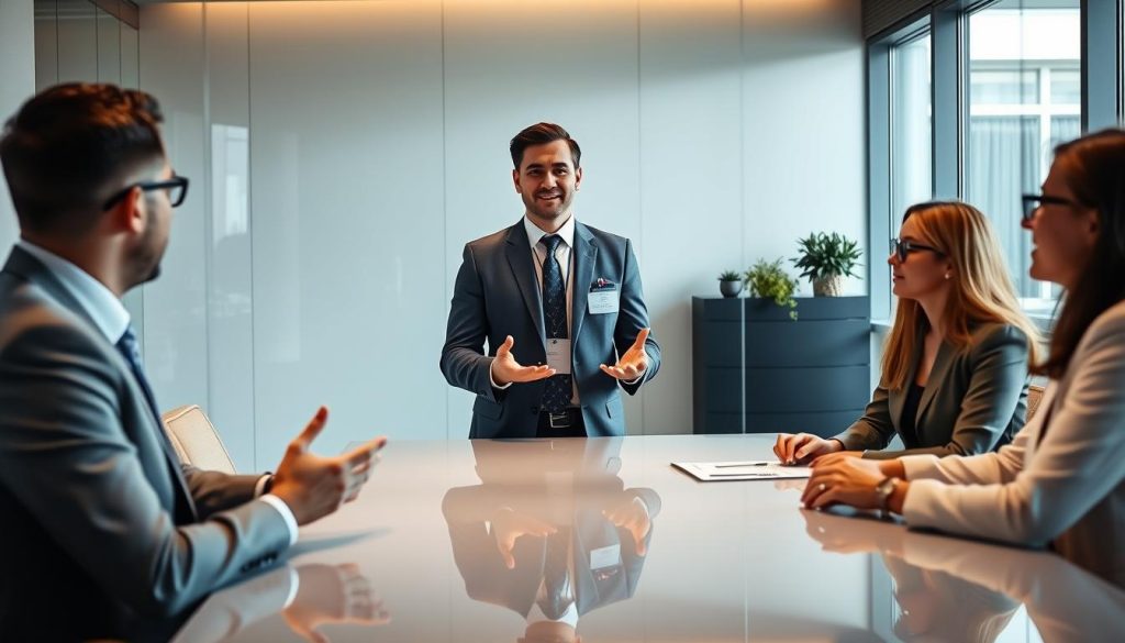A well-dressed professional standing confidently in a modern office, their UMALIS GROUP ID badge visible on their lapel. They are gesturing animatedly, engaged in an important discussion with colleagues around a polished conference table. Soft, directional lighting casts subtle shadows, highlighting the focused expressions on their faces. The atmosphere conveys a sense of collaboration, expertise, and the importance of the salarié porté's specialized missions within the organization.