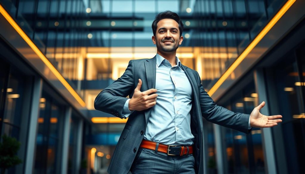 A well-dressed professional standing confidently, shielding a worker with outstretched arms, conveying Umalis Group's commitment to financial protection for employees. A modern office building in the background, illuminated by warm, directional lighting, symbolizing the security and stability provided. The scene exudes a sense of trust, care, and partnership between the company and its staff.