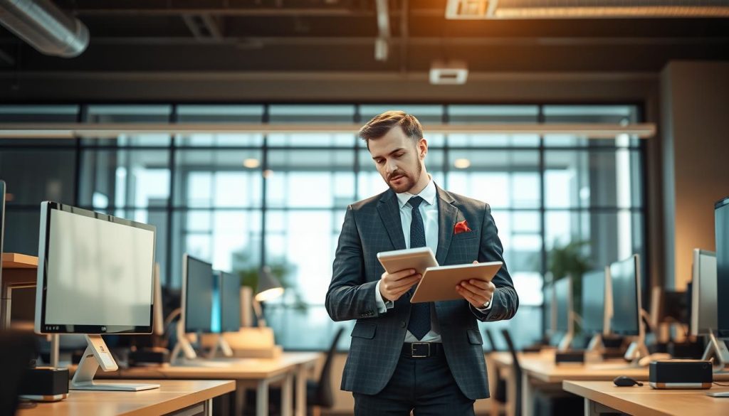 A well-dressed professional standing in a modern office, surrounded by desks and computer screens. The individual is focused, holding a tablet and appearing to discuss details with a colleague. The lighting is warm and natural, creating a productive and collaborative atmosphere. The scene conveys the essence of "portage salarial" - the practice of providing skilled workers to companies on a temporary or contract basis. The image should reflect the professionalism, flexibility, and expertise associated with this type of employment arrangement.