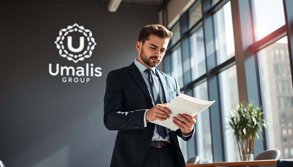 A well-dressed professional stands confidently in a modern office, illuminated by natural light streaming through large windows. The Umalis Group logo is displayed prominently, conveying a sense of authority and credibility. The salarié porté, or "portable employee," examines documents, representing the administrative and legal aspects of their unique employment status. The scene exudes a sense of productivity, expertise, and the advantages of the portage salarial system in France.