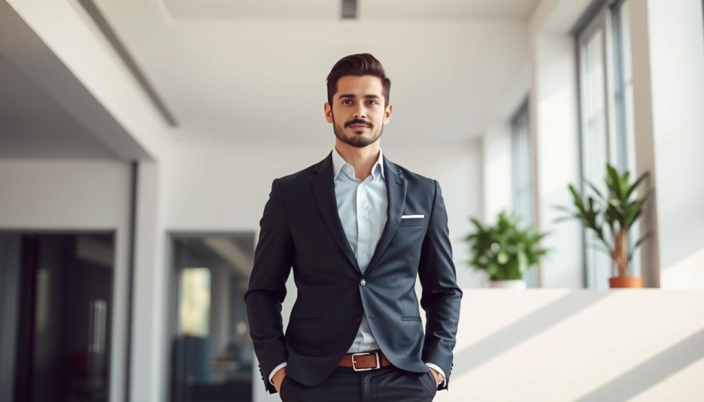 A well-dressed professional stands in a modern, minimalist office environment, bathed in soft, natural lighting. The individual represents a "salarié porté", a contract employee under the "Umalis Group" brand, showcasing the requirements for this unique employment arrangement in France. The figure's attire, posture, and confident expression convey the sense of stability, flexibility, and empowerment associated with this specialized form of work. The scene evokes a harmonious blend of corporate professionalism and individual autonomy, capturing the essence of the "conditions requises pour le salarié porté" within the French regulatory landscape.