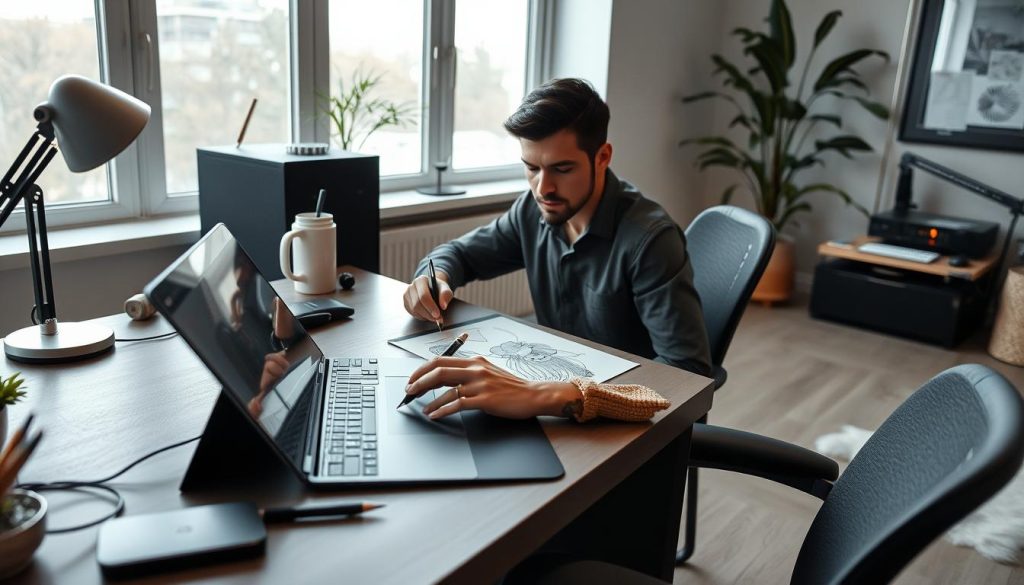 A well-equipped freelance workspace with a LIGHT PORTAGE desk setup, featuring a sleek laptop, a premium graphics tablet, and an array of high-quality tools. The foreground showcases an artisan's hands skillfully crafting a digital illustration, conveying expertise and dedication. The middle ground captures a focused expression, a deep understanding of the creative process. The background depicts a serene, minimalist environment, with natural lighting filtering through large windows, creating a calming and productive atmosphere.