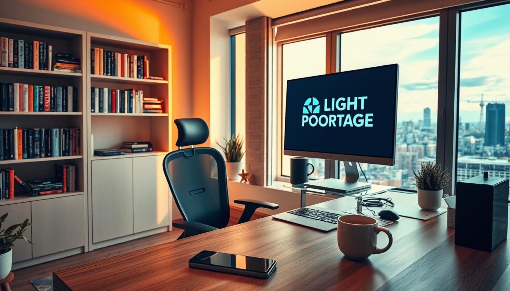 A well-equipped home office with a sleek, modern desk, an ergonomic chair, and a large computer monitor displaying the LIGHT PORTAGE brand logo. The room is bathed in warm, natural lighting from a large window, casting a cozy glow on the scene. In the foreground, a smartphone and a cup of coffee sit on the desk, hinting at the flexibility and work-life balance of the auto-entrepreneur informatique lifestyle. The middle ground features bookshelves filled with tech-related titles, while the background showcases a scenic cityscape, suggesting the professional opportunities available to this independent IT professional.