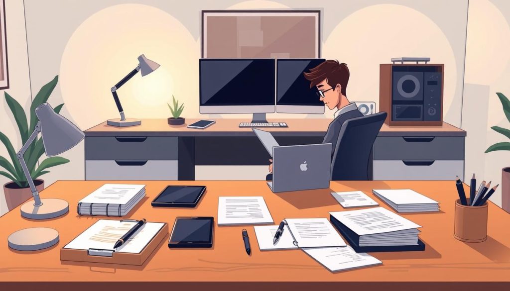 A well-equipped home office with a sleek, modern desk, ergonomic chair, and sophisticated computer setup. In the foreground, a professional working intently on their laptop, surrounded by neatly organized documents and stationery. In the middle ground, a selection of business tools and accessories, such as a tablet, pen holder, and a stylish desk lamp, casting a warm, focused glow. The background features a minimalist, yet elegant wall decor, complemented by subtle lighting that creates a calming, productive atmosphere. The overall scene conveys a sense of customized, tailored business assistance for independent professionals.