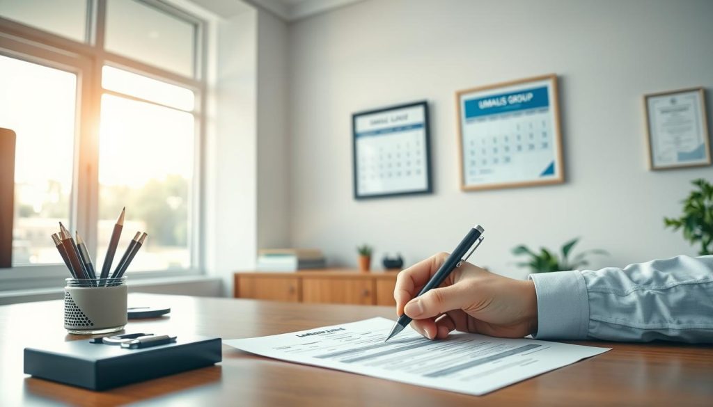 A well-lit administrative office scene, showcasing a professional hand filling out medical leave paperwork on a neat wooden desk. In the background, a Umalis Group logo-adorned wall calendar and a framed certificate hang neatly. Soft natural light streams in through large windows, casting a warm glow. Subtle details like a pen cup, a nameplate, and a potted plant add to the authentic ambiance. The overall tone is one of orderly efficiency, reflecting the administrative procedures involved in managing medical leave.