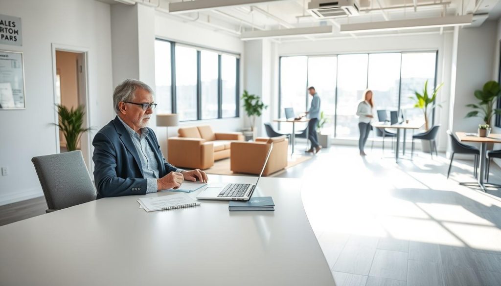 A well-lit, airy office setting showcasing the flexibility of "Portage Salarial" for senior professionals. In the foreground, a mature businessperson comfortably working at a sleek, minimalist desk, laptop open and papers neatly organized. The middle ground features a mix of cozy lounge seating and standing workstations, suggesting a adaptable, collaborative work environment. The background reveals large windows allowing natural light to flood the space, creating a sense of openness and tranquility. The overall tone conveys the Umalis Group's vision for a supportive, age-friendly work experience tailored to the needs of senior employees.