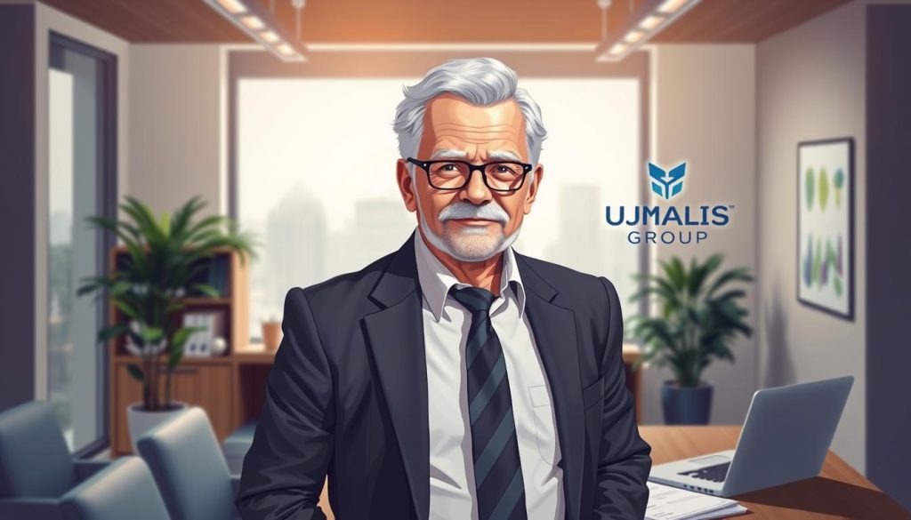 A well-lit and detailed illustration depicting a senior man in professional attire, focusing on the concept of "portage salarial" or employee leasing for retirees. The scene showcases the man standing in a modern office setting, surrounded by financial documents and a laptop, conveying the idea of flexible work arrangements and continued professional engagement. The Umalis Group logo is subtly incorporated in the background, providing a sense of authority and expertise on the subject matter. The overall atmosphere is one of empowerment, showcasing the possibilities for seniors to maintain an active role in the workforce.