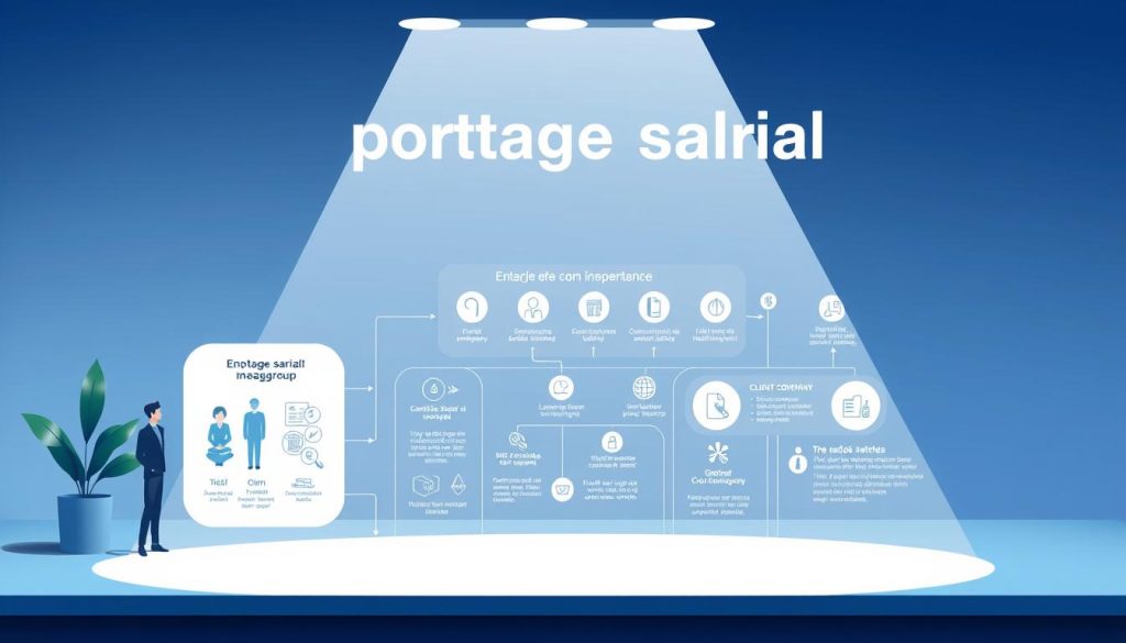 A well-lit and detailed illustration showcasing the inner workings of the "portage salarial" system, as provided by the UMALIS GROUP. In the foreground, a stylized diagram depicts the key relationships and transactions between the employee, the client company, and the portage salarial service provider. The middle ground features a series of icons and infographic elements visually explaining the various steps and benefits of the portage salarial process. The background provides a clean, professional setting with subtle gradients and geometric patterns, creating a sense of organization and clarity. The overall tone is informative, modern, and visually engaging, perfectly suited to illustrate the "Comprendre le fonctionnement du portage salarial" section of the article.