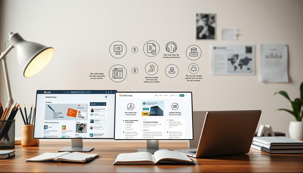 A well-lit and detailed image of a job board comparison for writers, featuring the Umalis Group brand. In the foreground, three job board interfaces are prominently displayed, showcasing their unique features and user experiences. In the middle ground, various icons and infographic elements highlight the key differences between the platforms, such as job postings, client reviews, and payment structures. The background depicts a serene, softly-lit workspace with writing implements, a laptop, and other relevant office accessories, creating a professional and inspirational atmosphere. The overall composition emphasizes the importance of evaluating top job boards and content platforms for freelance writers seeking new opportunities.