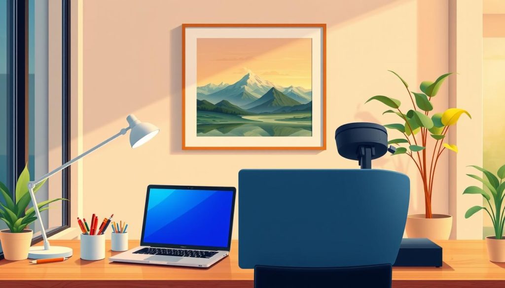 A well-lit and organized home office setup, featuring a spacious wooden desk with a sleek laptop, high-resolution monitor, and a state-of-the-art ergonomic chair. In the foreground, a tidy array of office supplies, including a premium pen holder, a minimalist desk lamp, and a potted plant adding a touch of natural greenery. The middle ground showcases a large, framed landscape painting, creating a calming and inspirational backdrop. The background subtly blends modern architectural elements, such as floor-to-ceiling windows, allowing natural light to flood the space and contribute to an overall sense of productivity and focus.