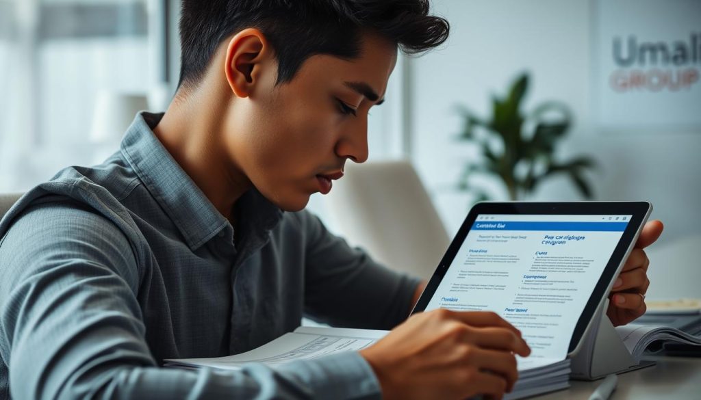A well-lit and thoughtfully composed scene depicting a person deeply engaged in evaluating various certification program options laid out before them on a clean, minimalist workspace. The subject's face is in profile, conveying a pensive, analytical expression as they carefully review course materials, brochures, and digital devices displaying program details. The background features soft, blurred elements that suggest a professional office setting, perhaps with the Umalis Group logo subtly visible. The overall mood is one of focus, diligence, and the pursuit of professional development.
