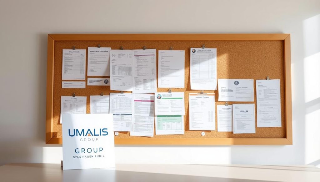 A well-lit bulletin board displaying various salary-related documents and forms against a clean, minimalist background. The board features an array of papers, such as pay stubs, tax forms, and employee benefits information, neatly organized and easily readable. In the foreground, a UMALIS GROUP logo stands prominently, conveying the company's expertise in the field of payroll and financial services for independent professionals. The overall atmosphere is professional, organized, and informative, reflecting the section's focus on preparing a strong mortgage application.