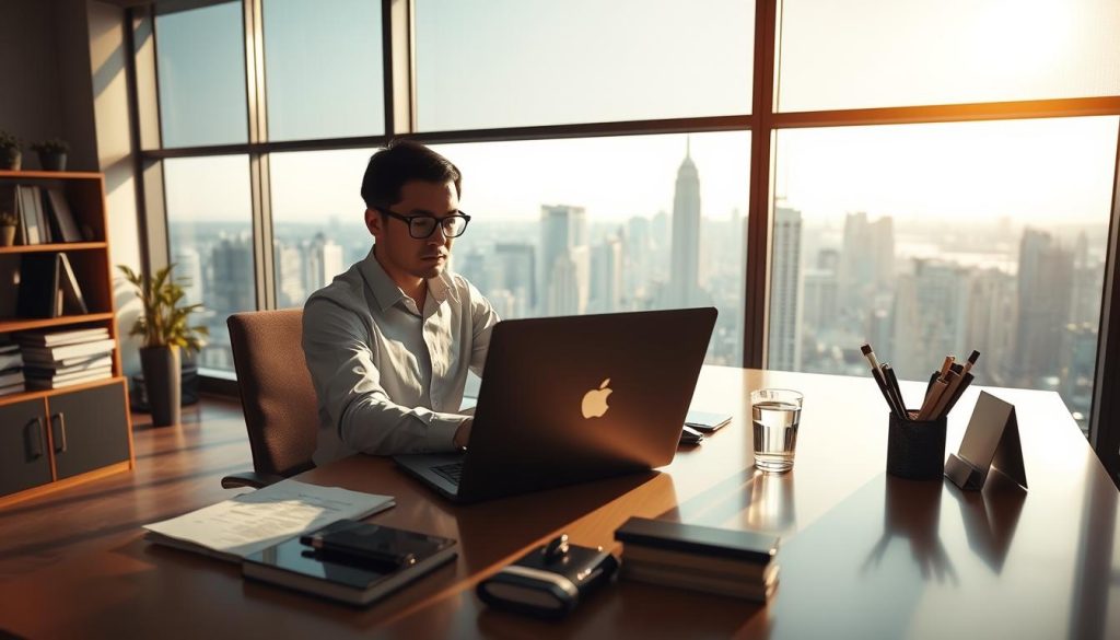 A well-lit business office scene, with a professional-looking person in the foreground seated at a desk, working intently on a laptop computer. In the middle ground, various office supplies and a water glass are neatly arranged on the desk. The background depicts an expansive view through large windows, showcasing a bustling city skyline. The overall mood is one of productivity, professionalism, and the flexibility of a salaried freelance IT role. The lighting is warm and natural, creating a sense of calm focus. The camera angle is slightly elevated, providing a slightly bird's-eye perspective on the scene.