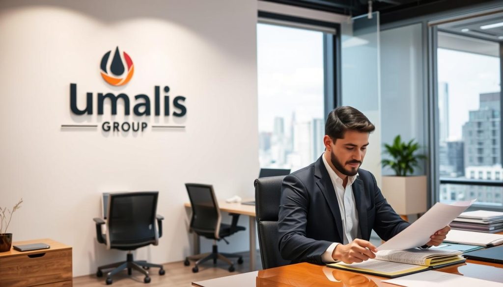 A well-lit business office setting, the Umalis Group logo prominently displayed on the wall. In the foreground, a professional-looking person in smart attire sits at a desk, reviewing paperwork and documents related to payroll and administrative tasks. The middle ground features additional office furniture and equipment, suggesting an efficient, organized workspace. The background depicts a window overlooking a modern cityscape, conveying a sense of professionalism and success. The overall atmosphere is one of productivity, competence, and the administrative advantages of the "portage salarial" employment model.