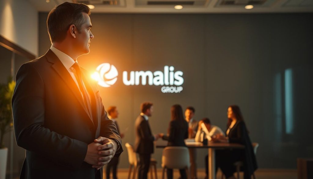 A well-lit, cinematic scene of a manager transition process. In the foreground, a professional business leader in a tailored suit, hands clasped, standing confidently. In the middle ground, a group of employees engaged in a meeting, discussing the transition. In the background, the Umalis Group logo prominently displayed, signifying the company's expertise in this domain. The lighting is warm and inviting, with a sense of purpose and forward momentum. The composition is balanced, with clean lines and a harmonious color palette. An atmosphere of trust, collaboration, and strategic vision pervades the scene.