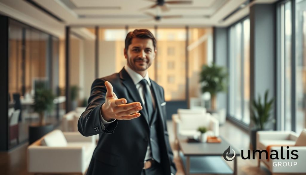 A well-lit, cinematic scene showcasing the advantages of the salaried trainer status. In the foreground, a professional trainer stands confidently, dressed in a sharp suit, gesturing toward the viewer. Behind them, a softly blurred background depicts a modern office environment, with sleek furniture and large windows letting in warm, natural light. The overall atmosphere conveys a sense of professionalism, security, and the benefits of the "salaried trainer" status. In the bottom right corner, the Umalis Group logo discreetly anchors the image.