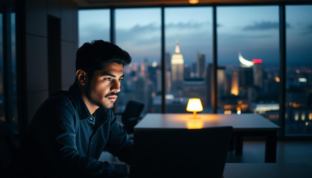 A well-lit, cinematic scene showcasing the benefits of a professional training program in the context of a flexible employment arrangement. In the foreground, a determined individual gazes thoughtfully at a laptop, deep in contemplation of their career trajectory. The middle ground features a modern, minimalist office space with clean lines and warm, natural lighting, conveying a sense of focus and productivity. In the background, a panoramic view of a vibrant city skyline, symbolizing the expansive opportunities and growth potential enabled by the specialized training. The overall atmosphere is one of confident self-reflection, empowerment, and a vision for a fulfilling, dynamic professional future.