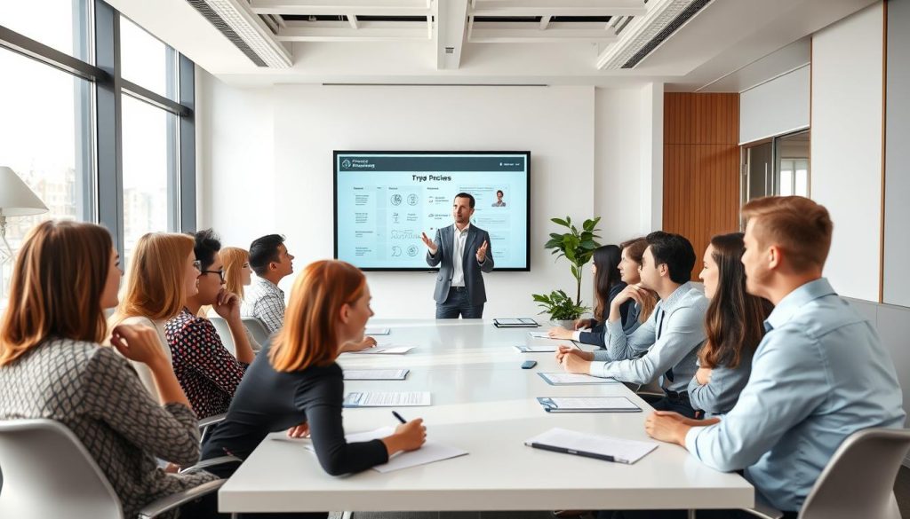 A well-lit classroom setting with a group of diverse professionals seated around a conference table, engaged in a lively discussion. In the foreground, a facilitator stands at the head of the table, gesturing animatedly as they present training materials on a large screen behind them. The middle ground features the attentive trainees, some taking notes, others nodding in understanding. The background showcases modern, minimalist decor with large windows that allow natural light to flood the space, creating a warm and professional atmosphere. The overall scene conveys the importance of continuous professional development and the collaborative nature of the training experience for employees within a professional staffing or consulting firm.