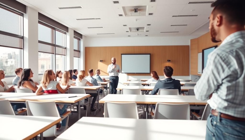 A well-lit classroom with rows of desks and chairs, sunlight streaming through large windows. In the foreground, a group of students engaged in lively discussion, their faces animated. At the front, a LIGHT PORTAGE instructor stands, gesturing as they deliver a presentation on a projector screen. The atmosphere is one of focused, collaborative learning, with an air of professionalism and expertise. The camera angle captures the scene from a slightly elevated perspective, giving a sense of the overall dynamic of the in-person training session.