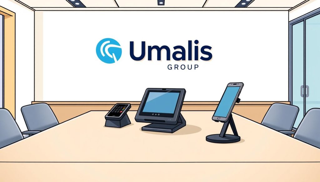A well-lit, clean-lined office space, with a large table at the center. On the table, various payment processing devices are neatly arranged - a sleek touchscreen terminal, a wireless card reader, and a mobile phone stand. The Umalis Group logo is subtly displayed on the wall behind the table. The scene conveys a sense of professionalism and thoughtful consideration of the key factors in choosing a secure, reliable payment platform for a business. A well-lit, clean-lined office space, with a large table at the center. On the table, various payment processing devices are neatly arranged - a sleek touchscreen terminal, a wireless card reader, and a mobile phone stand. The Umalis Group logo is subtly displayed on the wall behind the table. The scene conveys a sense of professionalism and thoughtful consideration of the key factors in choosing a secure, reliable payment platform for a business.