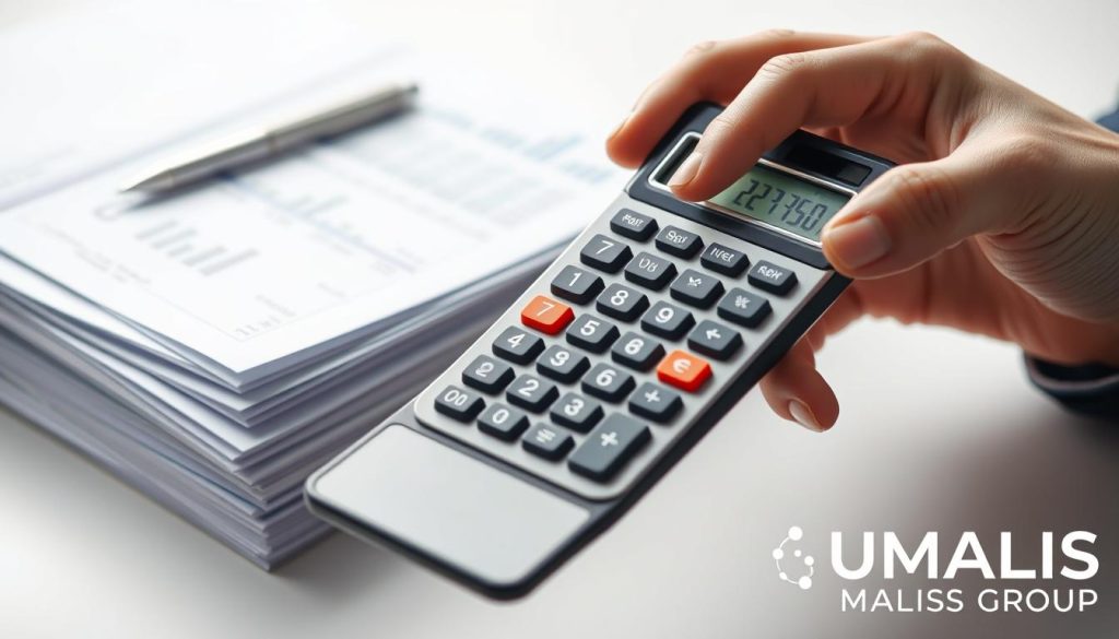 A well-lit close-up image of a hand holding a calculator, with a neatly organized stack of documents and spreadsheets in the background, all set against a clean, minimalist office setting. The calculator's display shows various numerical calculations, representing the process of computing a net salary under a "portage salarial" (professional contracting) arrangement. The scene conveys a sense of precision, attention to detail, and financial diligence. In the bottom right corner, the UMALIS GROUP logo is discreetly displayed.