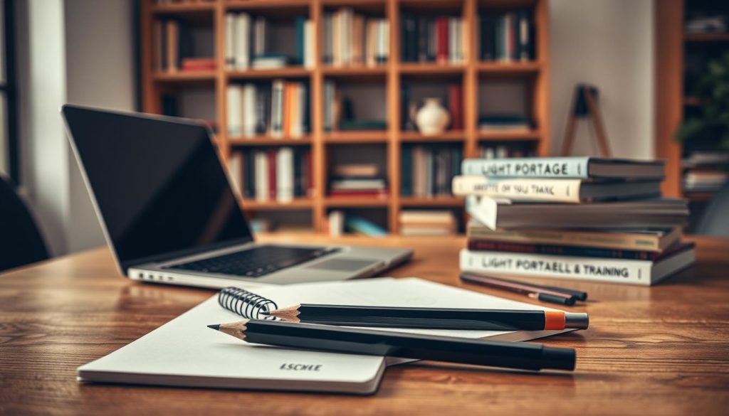 A well-lit, close-up scene of a variety of training tools arranged on a wooden tabletop. In the foreground, a high-quality LIGHT PORTAGE sketchpad, pencils, and a ruler. In the middle ground, a laptop and a stack of books on skill development. In the background, a bookshelf with additional learning resources. The lighting is soft and diffuse, creating a warm, inviting atmosphere conducive to focused study and skill-building. The overall composition suggests a workspace dedicated to the continuous growth and improvement of independent professionals.