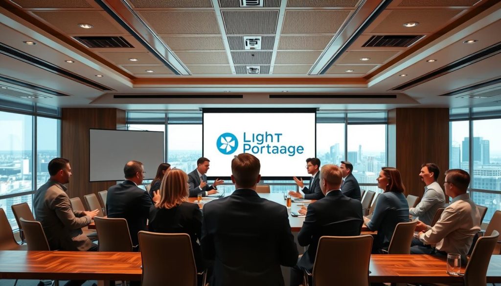 A well-lit conference room with a long wooden table, chairs, and a large display screen at the front. In the foreground, a group of professionals in business attire are engaged in a lively discussion, gesturing animatedly. The middle ground features a large "Light Portage" logo on the display screen, highlighting the event's branding. The background showcases a panoramic view of a bustling city skyline through large windows, creating a sense of setting and context. The overall mood is one of productive collaboration and strategic event selection.