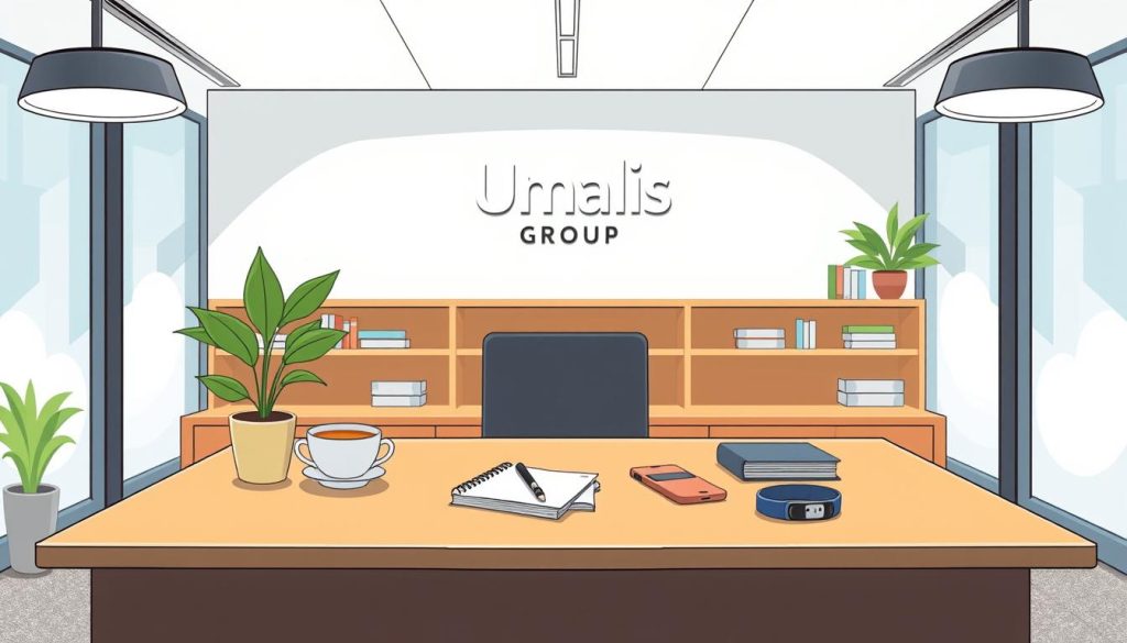 A well-lit, contemporary office interior with a large desk in the foreground. On the desk, an array of objects representing different aspects of employee wellbeing, such as a plant, a cup of tea, a notebook, and a fitness tracker. The Umalis Group logo is prominently displayed on the wall behind the desk. The scene conveys a sense of balance, productivity, and a commitment to employee wellness.