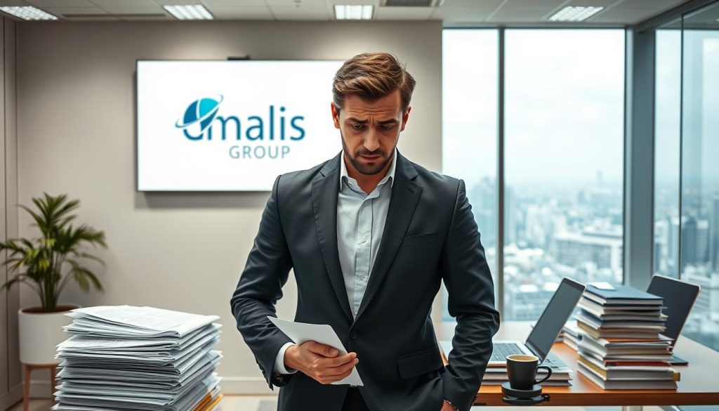 A well-lit corporate office interior, depicting the legal risks associated with freelance work. In the foreground, a businessman standing at a desk, surrounded by stacks of legal documents, a frown of concern on his face. Behind him, a wall-mounted display showcases the Umalis Group logo, emphasizing the company's expertise in this domain. The middle ground features an ergonomic workspace, with a laptop, files, and a cup of coffee, hinting at the daily challenges faced by freelancers. The background suggests a panoramic city view, symbolizing the broader context of the freelance economy and its evolving legal landscape.