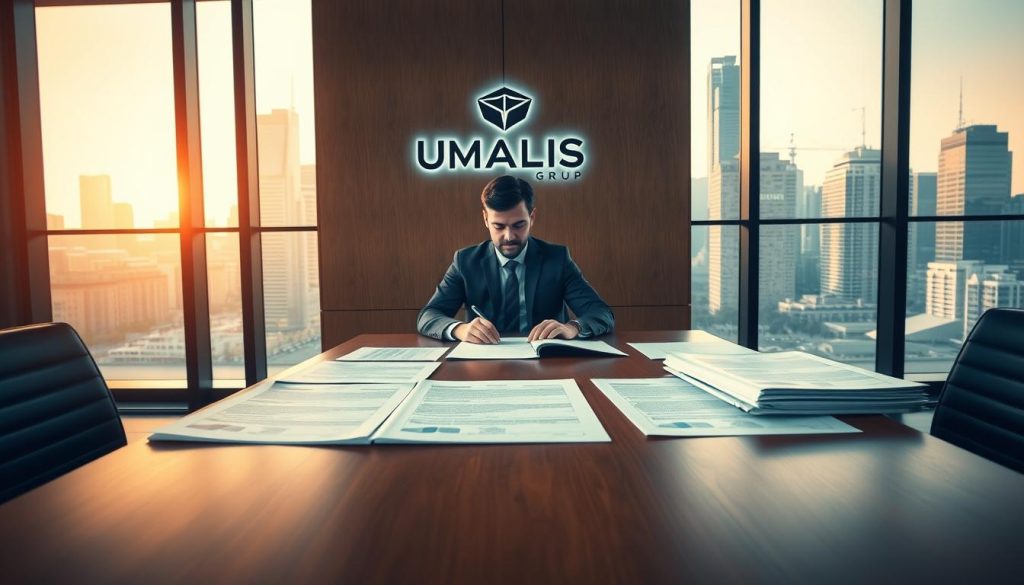 A well-lit corporate office interior, with a large, sleek wooden desk in the foreground. On the desk, various documents and contracts are neatly arranged, representing the "obligations entreprise cliente portage salarial" (client company obligations in employee leasing). In the middle ground, a smartly dressed business executive is seated, reviewing the documents intently. The background features tall windows overlooking a bustling city skyline, bathed in warm, natural lighting. The overall mood is one of professionalism, attention to detail, and a sense of responsibility. The UMALIS GROUP logo is prominently displayed on the wall behind the executive.